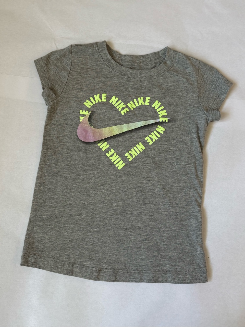 Nike Gray Tee with Neon Yellow Heart and Metallic Swoosh